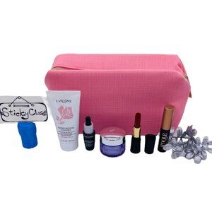 Lancome Beauty Gift Set-Pink Pouch,Mascara,Lip,Cleanser,AgingCream,Serum-6pc-NEW